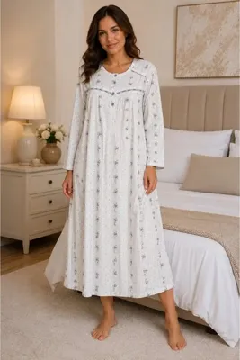 Alize Moda %100 Pamuklu Uzun Kollu Düğme Yakalı Battal Beden Kadın-Anne Uzun Boy Gecelik