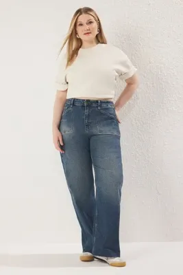 Trendyol Curve Koyu Mavi Yüksek Bel Geniş Paça Comfort/Orta Esnek Büyük Beden Wide Leg Jeans TBBSS25CJ00013