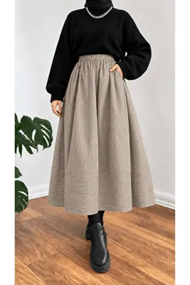 Hepsi Moda Cepli İnce Çizgili Etek - Hpm - Vizon