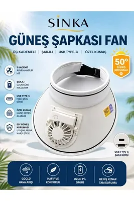 SİNKA Şapka Fan Güneş Koruyucu 50+ Şarjlı 3 Kademeli Kumaş Yan Süngerli Arka Ayarlı Fanlı Şapka