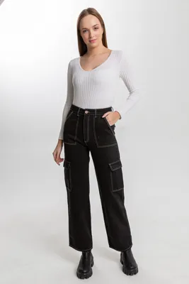 Darkly Jeans Kadın Siyah Süper Yüksek Bel Kontrast Kargo Cep Straight Fit Jean Pantolon