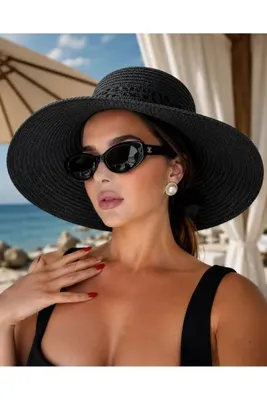 agapi Kadın Siyah Hasır Plaj Şapkası Geniş Kenarlı Yazlık Şapka