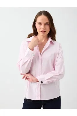 Jimmy Key Pembe Çizgi Desenli Parlak Taşlı Uzun Kol Poplin Gömlek