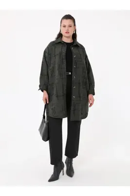 Alia Büyük Beden Desenli Oversize Kaşe Ceket - Haki - Siyah - Alia