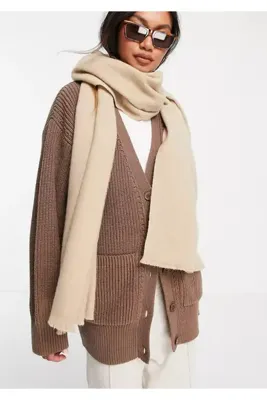 MinaCarin Unisex Düz Bej Kalın Atkı
