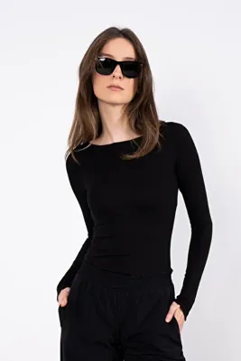 SHEISMONO Cotton Kayık Yaka Bluz Siyah
