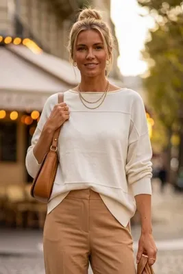 Chiccy Ekru Kayık Yaka Uzun Kol Kolucu Ribanalı Yatay Süs Dikişli Casual Oversize Triko Kazak 68 70