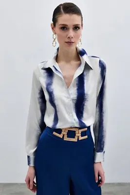 Sateen Desenli Klasik Gömlek - Sax Mavi