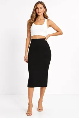 buğlem collection Kadın Yüksek Bel Kaşkorse Kalem Etek Midi Boy Yırtmaçsız Rahat Kalıp Şık Basic
