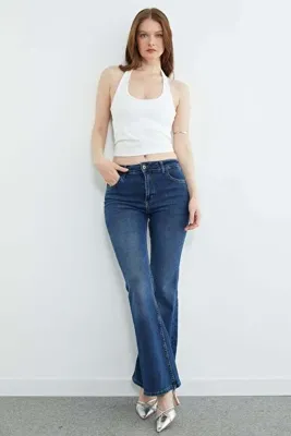 Fulla Moda Yüksek Bel Fermuarlı Flare Jean
