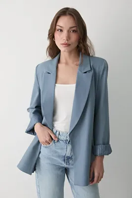 JASTE Kadın Mavi Çizgili Içi Astarlı Kol Detaylı Blazer Ceket