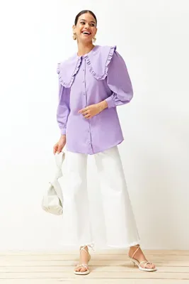 Trendyol Modest Lila Bebe Yaka Pamuklu Dokuma Gömlek TCTSS24TG00027