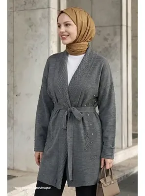 InStyle Yakası Desenli Nakışlı Antrasit Triko Ceket