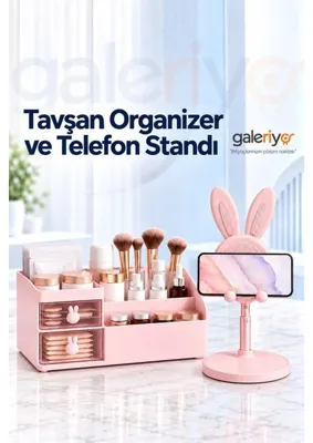 Galeriyo Tavşan Kulplu Makyaj Organizeri & Tavşan Figürlü Telefon Tablet Standı Ikili Set Pembe