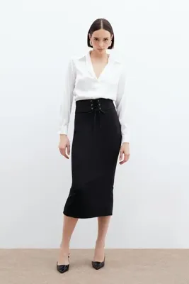 Sateen Bel Detaylı Kalem Etek - Siyah
