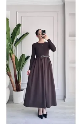 khar Kadın Kayık Yaka Uzun Kollu Kemerli İkili Renk Kombin Maxi Elbise