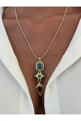 Ervalina Vintage Geometrik Çok Renkli Y Kolye