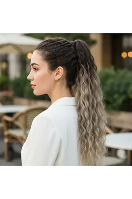 Genel Markalar Lastik Tokalı At Kuyruğu Kabarık Afro Dalgalı - Küllü Kumral / Beyaz Platin Ombre
