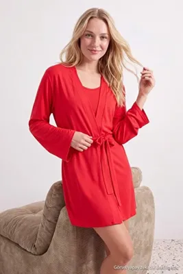 TRENDYOLMİLLA Kırmızı 3'lü Viskon Örme Pijama Takımı THMSS26PT00275