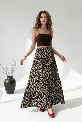 royal prime Kadın Leopar Desenli Dokulu Kumaş Yüksek Bel Maxi Boy Kloş Etek