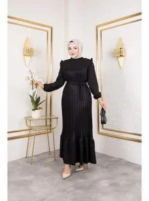 Harmatime butik Kadın Fırfır Detaylı Kuşaklı Siyah Keten Elbise