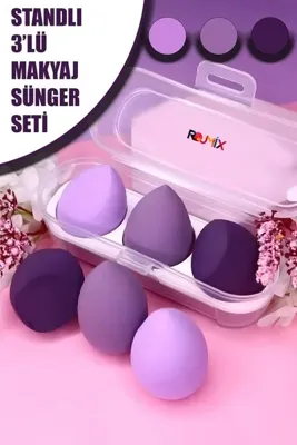Rojmix 3'lü Standlı Makyaj Süngeri Seti Mor Fix premium Özel