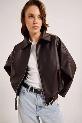 LACASE Yeni Sezon Suni Oversize Bomber Deri Ceket