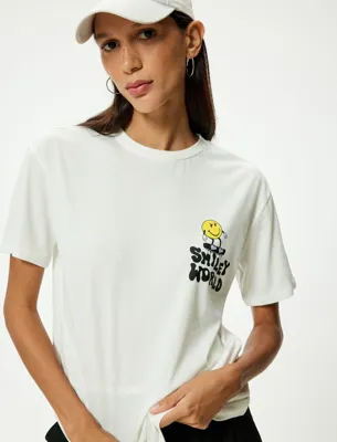 Koton SmileyWorld® Oversize Tişört Baskılı Bisiklet Yaka Lisanslı