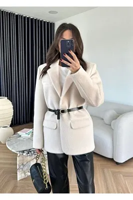 Genel Markalar astarlı sakallı kaşe peluş tasarım kemerli pinterest şık cep detay blazer ceket kaban
