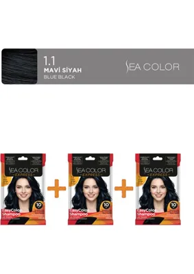 Sea Color 3'lü Express Amonyaksız Şampuan Boya, Şampuan Kolaylığında Saç Boyama 1.1 Mavi Siyah