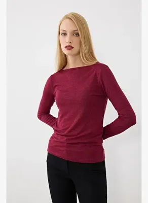 Gusto Kayık Yaka Uzun Kollu Örme Bluz - Bordo