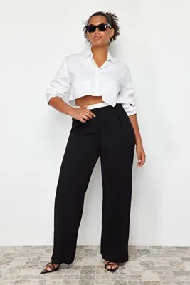 Trendyol Curve Siyah Beli Poplin Detaylı Yüksek Bel Wide Leg/Geniş Paça Örme Büyük Beden Pantolon TBBSS24AR00000
