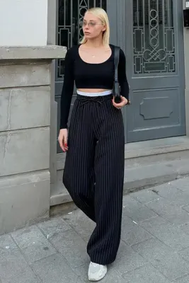 Swist Siyah Çizgili Maskülen Bağlamalı Kadın Pantolon