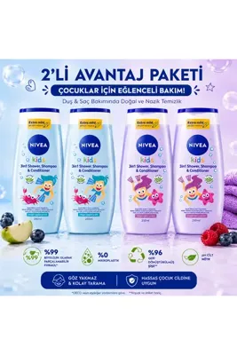 Nivea Kids 3'ü 1 Arada Duş Jeli, Şampuan ve Saç Kremi Seti 250 ml + 250 ml (Magic Elma & Magic Berry) X 2 Adet