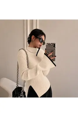 Nimas Kadın Balıkçı Yaka Kontrast Detaylı Yırtmaç Kol Triko Kazak