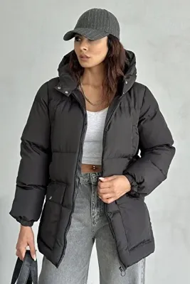 moda armanc Kapüşonlu Oversize Kadın Siyah Şişme Mont - 4 Cep Detaylı