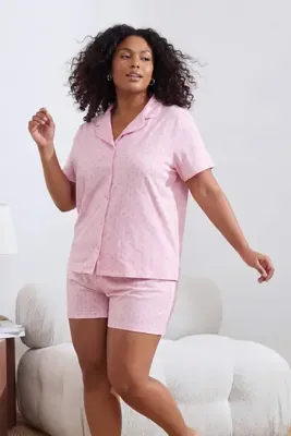 Trendyol Curve Pembe Fiyonklu Likralı Yumuşak Tuşe Gömlek Yaka Örme Büyük Beden Pijama Takımı TBBSS26AI00077