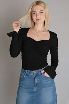 moddosa fashion Kadın Kalp Yaka Önü ve Kenarları Büzgülü Yırtmaçlı İspanyol Kol Bluz Body