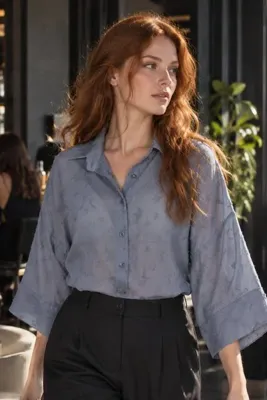 armonika Kadın Koyu Mavi Kendinden Desenli Şifon Gömlek ARM-27K001002
