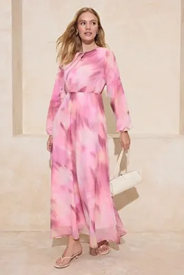 Trendyol Modest Mor Pembe Sulu Boya Efektli Astarlı Şifon Maxi Dokuma Elbise TCTSS26EB00033