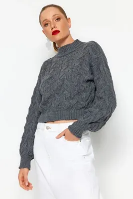 TRENDYOLMİLLA Antrasit Crop Dik Yaka Triko Kazak TWOAW22KZ1634