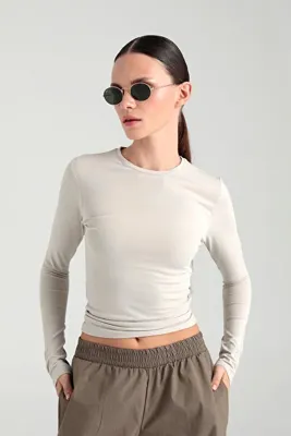 SHEISMONO Cotton Yuvarlak Yaka Bluz Bej