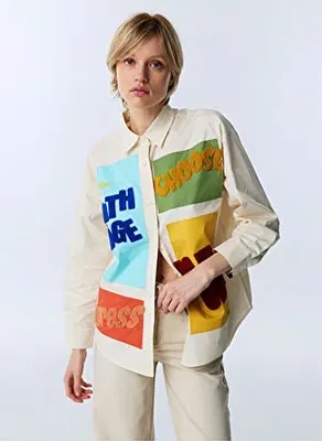 Twist Ekru Kadın Oversize Nakışlı Gömlek TW6260025126018