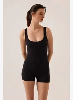 Los Ojos x Ece Siyah Kare Yaka Askılı Kısa Spor Tulum Unitard