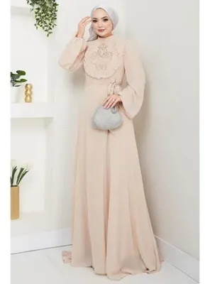hafsamina Boncuklu Şifon Abiye Elbise Bej HM2667