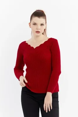 citycenterfashion Kadın Büyük Beden Kırmızı Kazak Yaka Güpür Cty-cnd-11903b