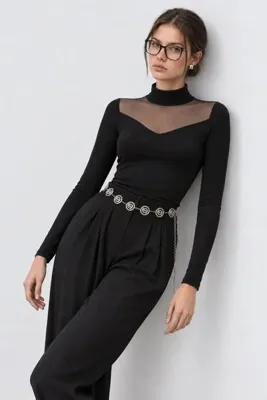 Lovelyİstanbul Balıkçı Yaka Tül Detaylı Viskon Bluz LRN0075 SİYAH