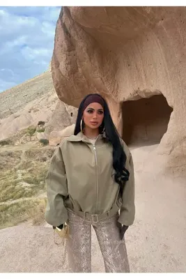 kırmızı butiks Haki Kemerli Oversize Bomber Ceket