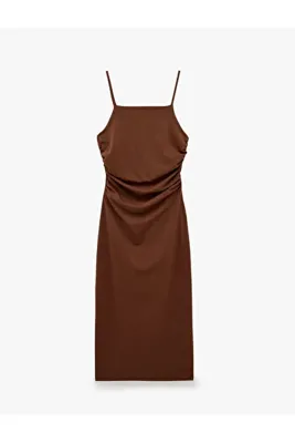 Koton Slim Fit Kare Yaka İp Askılı Drapeli Midi Elbise