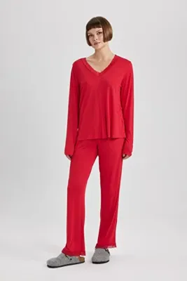 Defacto Fall In Love V Yaka Dantelli Uzun Kollu Pijama Takımı W4126az23wn